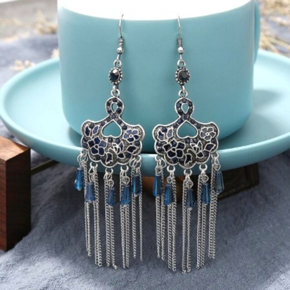 Gothic Floral Tassel Chain Drop Earrings - Picture 1 of 1